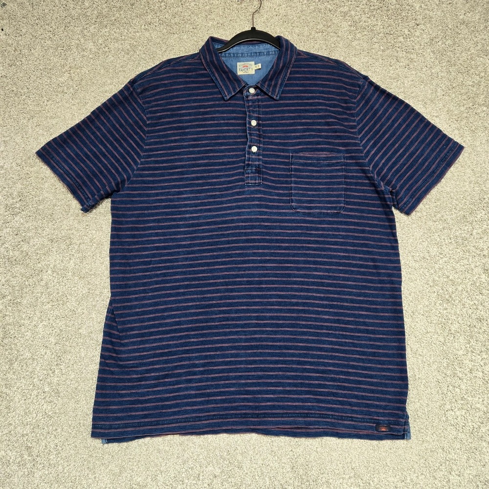 Faherty Polo Shirt Mens XL Blue red‎ Striped pocket